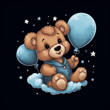 Cute Simple Cartoon Brown Baby teddyBear sitting on a cloud smiling wearing a blue bib and holding white and blue balloons, clipart, black background