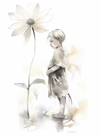 a single spring flower, in the style of magali villeneuve, jon j muth, carl larsson, dreamy world, closest to watercolor illustrations, soft color palette with ligh beige and gray, children's illustrations, solid white background, clipart