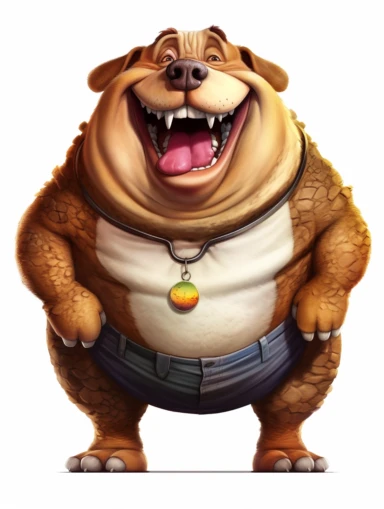 Obese dog with smiley t-shirt. Clipart-style. High detailed. Color contrast. Super-Resolution