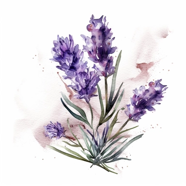 Create a beautiful watercolor clipart illustration of a dried bunches of French lavender. The composition should be set against an isolated white background, with a bright and airy feel. Focus on capturing intricate details such as the delicate petals of the lavender. Use a loose and fluid watercolor technique to create a sense of movement and lightness. Experiment with the use of negative space to create a sense of depth and perspective. Consider adding small splatters or smudges to give the il