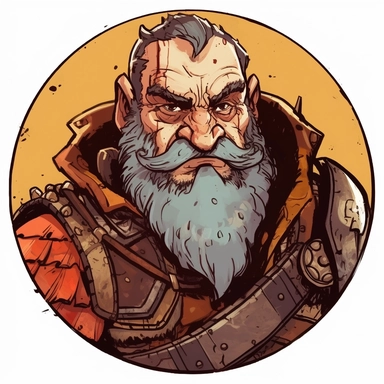 A Dungeons & Dragons character portrait circular tondo depicting a grizzled dwarven dwarf Indiana Jones, Craig Mullins Ashley Wood Bernard Buffet Josh Kirby, Mad Max Lord of the Rings Discworld, handpainted punk zine indie retrowave, clipart illustration, circular solid background circular border