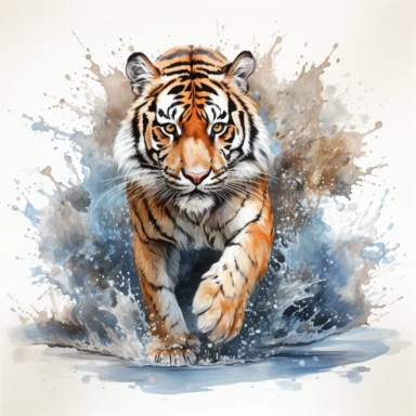 hyperrealistic ultra detailed watercolor clipart, tiger in water, isolated on white background, in the style of digital print, clipart, illustration, sticker, ultra high definition, rich details, 32K, HD