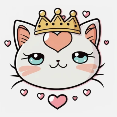 vector art style clipart of a super cute kawaii cat in love, hearts, lovely, excited, anime sparkling eyes, tiara on its head, kawaii style, sticker style, white outline, white background