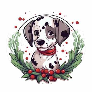 Chibi style, jolly happy dalmatian, mistletoe, christmas ornaments, round winterlandscape,vector, clipart, white background, sharp lines