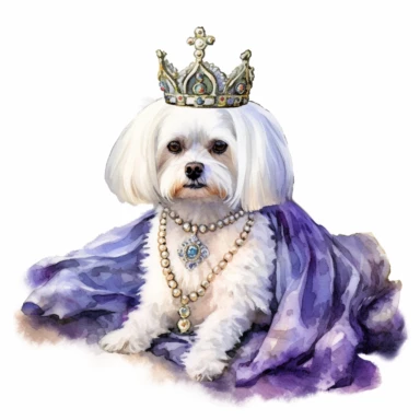 A portrait of a Maltese dog in a regal pose, wearing a jeweled collar and resting on a velvet cushion, showcasing its royal demeanor, with a white background and watercolor clipart.