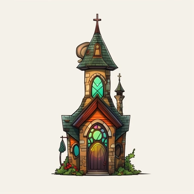 a little cartoon church, pixar, clipart, stained glass windows, cross on top, blank background, sharp lines, 8k