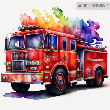 watercolor firetruck clipart, individual, with blank background, vibrant colors