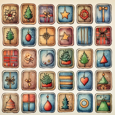 Watercolor line art, little squares filled with doodly patterns of  xmas ,ornaments and decorations , illustrations clipart set, simple, christmas colors , cartoon elements, different variants , stocking, bubble ornaments, xmas wreath, modern art, separate elements with a margin