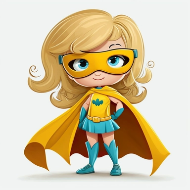 full body smiley and cute little girl with blonde hair and a superhero eye mask and cape on, clipart style