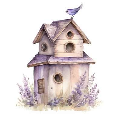 Clipart, lavenderaround wooden bird house, watercolor, whimsical, enchanting, nostalgic, minimalistic
