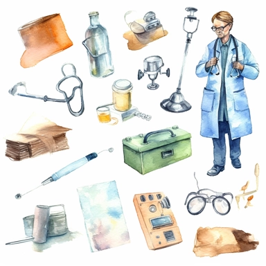 watercolor doctor related scenes , illustrations clipart set, simple, , cartoon elements ,different variants , nurse, doctor, stethtescope, mechanical body weighing scale, microscope, ,separate elements with a margin