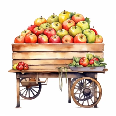 watercolor market stand with apples clipart, white background, realistic with high details, beautifully colored with strong palette pastel colors, 32k hd, detailed quality