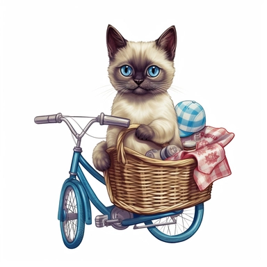 Create a clipart of a Siamese kitten riding a bicycle with a basket full of picnic food. Low detail. White background, soft lighting. In the style of Bob Ross
