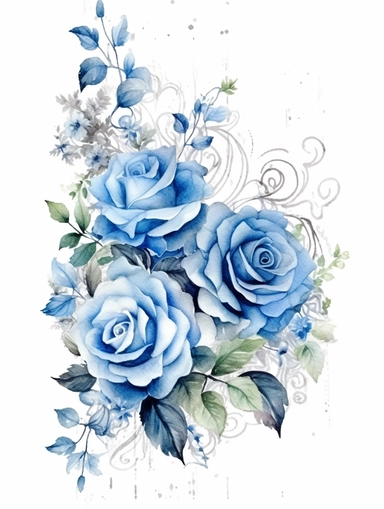 vintage beautiful victorian shabby chic blue roses frame on white background, blue theme, watercolor illustration, clipart