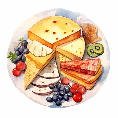 watercolor ultra realistic and hyper detailed illustration of a delicious Sliced cheese with different textures and colors on a plate, clipart, white background