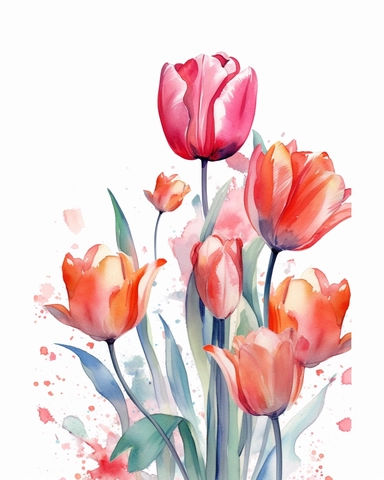 apeldoorn tulip，a watercolor painting of pink and orange flowers on a white background, vertical composition，panoramic horizontal，in the style of light crimson and light black, bold color blobs, light teal and light crimson, light white and light crimson, light purple and red, ingrid baars，clipart style