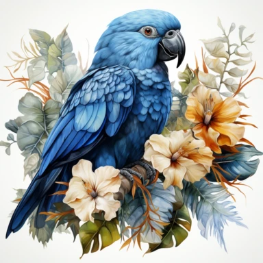 hyperrealistic ultra detailed watercolor clipart, blue parrot with jungle flowers, white background, in the style of digital print, clipart, illustration, sticker, ultra high definition, rich details, 32K, HD