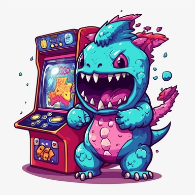 cute and funny little monster playing arcade videogame, transparent clipart graphic
