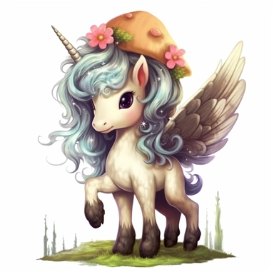 Clipart of a cute little winged unicorn with a fluffy hair and mushrooms behind him, isolated