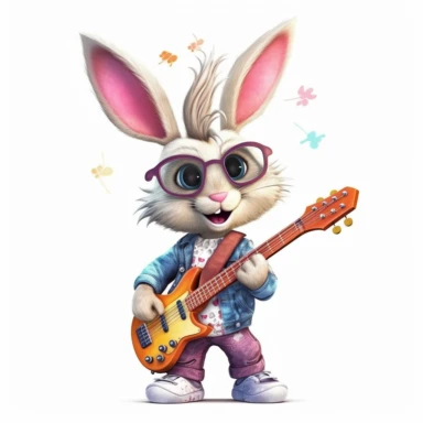 cute Rabbit character wearing rock music clothes and music element with happy face,front facing on isolated background,with happy face and expression,Animal Sublimation Clipart,no splash watercolor,white background, ultra detailed clipart, cut out image, colorful watercolor realistic, cartoon style, ultra HD, sharp and clean art