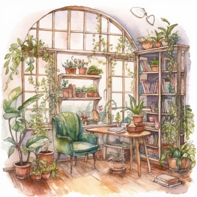 a watercolor clipart of a bookroom with a big window, white background clipart, plants and nature, in the style of darkly romantic illustrations, uhd image, studyplace, fairycore, charming character illustrations, embroidery art, lively nature scenes, portal to the next dimention