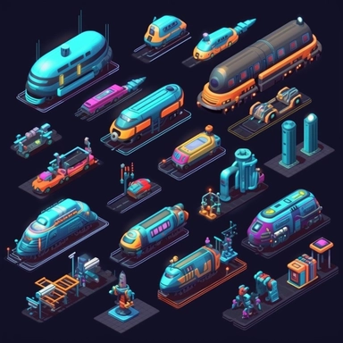 isometric, spritesheet, game assets, futuristic hovering trains, isometric perspective, game sprite, sci-fi, cute, fun, creative, cartoon, clipart, hyper-detailed, black background