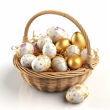 The clipart could feature an white Easter basket filled with golden eggs The white basket could be decorated with diamonds or Gold accessories , and there could be some grass or flowers around it. The treats could be arranged in a neat and colorful display, with some items spilling out of the basket to make it look more inviting, realistic, hd