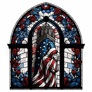 clipart, gothic arch stained glass window with red white blue american flag and liberty bell, mosaic, watercolor, dark cottagecore, white background, hyper detailed