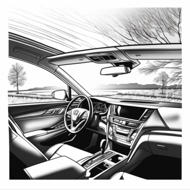 Car interior, honda accord, adobe illustrator, illustration, black and white line art, dynamic composition, forced perspective, clipart, blank background