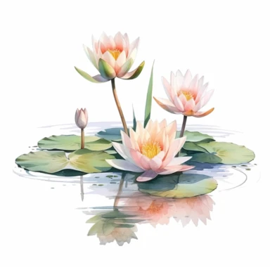 lotus flowers with orange blossoms floating on the water artistic watercolor with a delicate touch with shadow gradation white background clipart high quality 8k hyper detailed