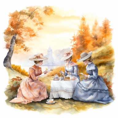 complex watercolor illustration of four victorian women/ladies having a Garden Tea party in a euphoric autumn landscape, cottagecore, in KARL MARTENS style isolated,concept,art,8k,hd,watercolor,detailed,white backround,clipart