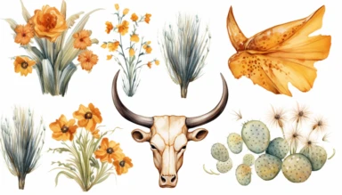 watercolor clipart set illustrations of wild flowers grass and Texas longhorns on white background