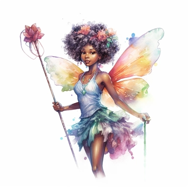 watercolor and colorful fantasy afroamerican fairy clipart, half-body, hd 4k, detailed, focused, realistic,holding a pixie wand, isolated on white background