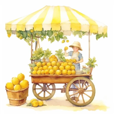 Cute french - style Lemon juice stand in front of a lemon tree clipart, 1940, watercolor