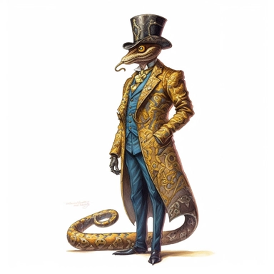 professional gouache hand-painted full body illustration of a steampunk snake-man, Victorian clipart, isolated against white background, accurate, natural form, simple playful style, deep colour, softly lit by golden hour sunlight