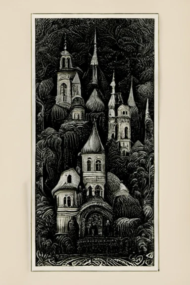 Beautiful detailed Transylvania vintage illustration postcard, engraving, clipart style victorian gothic illustration, photo realistic gothic illustration, art in the style of mc scher winifred luten paul poire and albrecht durer, black ink sketch, black and white, vector, vector illustration