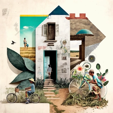 progressive rural architecture, Load bike, urban gardening, kids playing in the street, no cars, healthy living, collage art by Alex Lorenzo, behance contest winner, eclectic, maximalist, mixed media, modern art, eclectic elements, fragments of paper, magazine clippings, found objects, a fusion of different textures, materials and patterns, layered, hd image on behance, featured on behance, collage, unique, modern art