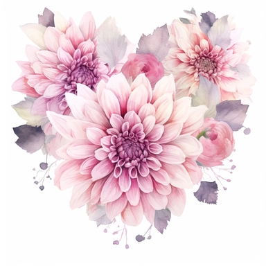 a heart shape made with soft pink and pastel pink Dahlia flowers, wet on dry watercolour style, dark gothic antique look, clipart, white background
