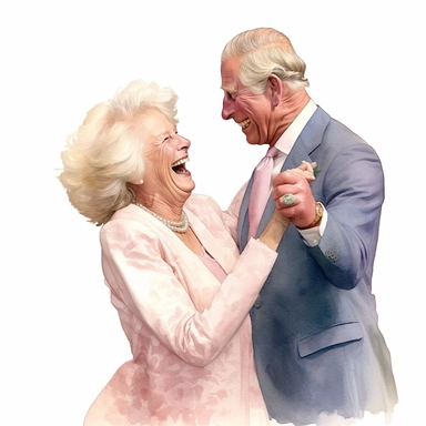 A captivating scene of King Charles and Duchess Camilla sharing a laugh, showcasing their strong bond, Clipart, watercolor, white background, intricate detail