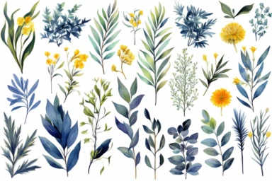 Hand drawn watercolor illustrations. Botanical clipart ( laurels, frames, leaves, flowers, swirls, herbs, branches). Floral Design elements. Perfect for wedding invitations, greeting cards, posters