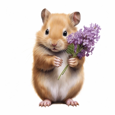 watercolor for a clipart with a white background of a hamster holding a butterfly bush flower, hyperrealism, painted by Mary Jane Ansell