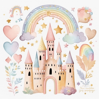 rainbow pastel princess castle, large rainbow, gold star, pink star, hearts, flowers, roses, plastercine, soft illustration light, clipart svg white background