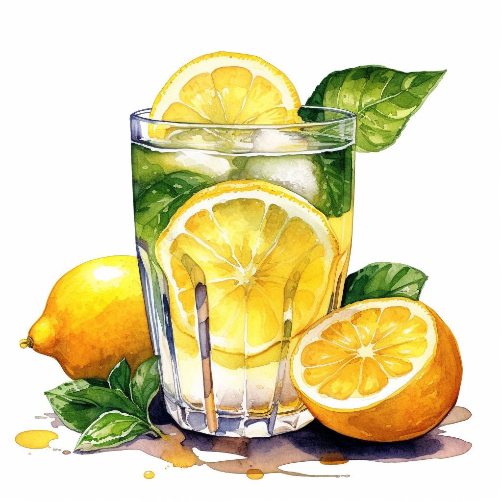 Watercolor clipart very detailed Lemon fruit juice with glass. White ...