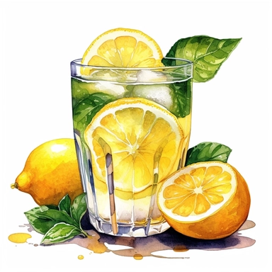 Watercolor clipart very detailed Lemon fruit juice with glass. White background