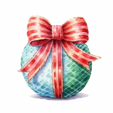 A Christmas ball and Bow, full color, knitted painting texture, Perfect for nursery art and children's book illustration style, simple, cute, full color, clipart, watercolor illustration, single object, high definition 8k, white background for removing background