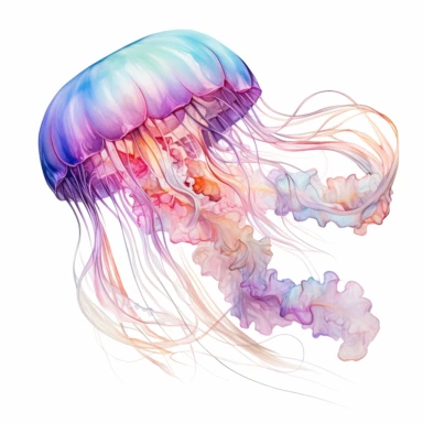 As the paintbrush gracefully danced across the paper, the ethereal glow of watercolor jellyfish emerged, capturing the mesmerizing beauty of the deep sea. clipart on white background