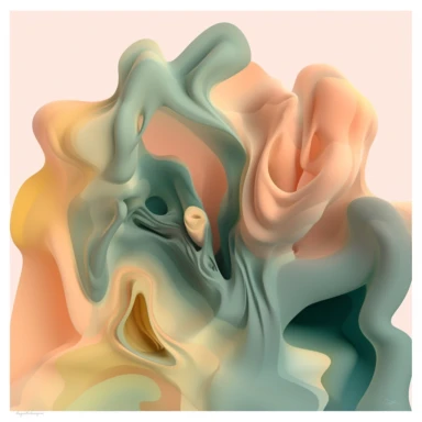 Surrealist airbrush-style clipart image composed of flowing, organic shapes, each taking on one of the provided colors: deep sea green (#1d3537), soft coral pink (#e87c77), and vivid honey yellow (#f6c400). The shapes should interplay and merge in a dream-like manner, creating a sense of fluid movement and harmony within the image. The entire artwork is set against a crisp white background, providing stark contrast that accentuates the colors and shapes. The result should have the distinct softn