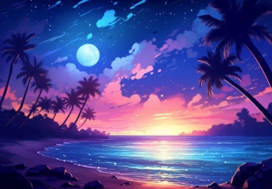captivating scene of a holographic beach at nighttime. watercolor clipart. watercolor clipart. The lighting should be normal, capturing the serene ambiance of the nighttime setting. The colors should be magnificent, incredible, and relaxing, evoking a sense of tranquility and beauty. The focus of the composition should be a clear view of the water, showcasing the holographic effect with its shimmering and iridescent qualities. Add a touch of magic by depicting the moon leaving a gentle glow on t