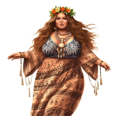 boho plus size woman, Hawaiian, modern, semi-realistic, spiritual, witchy, clipart, fantasy, white background, high quality, beautifully accurate illustrations