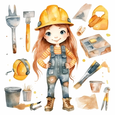 Watercolor collection clipart girl construction worker cute childish neutral colors on white background